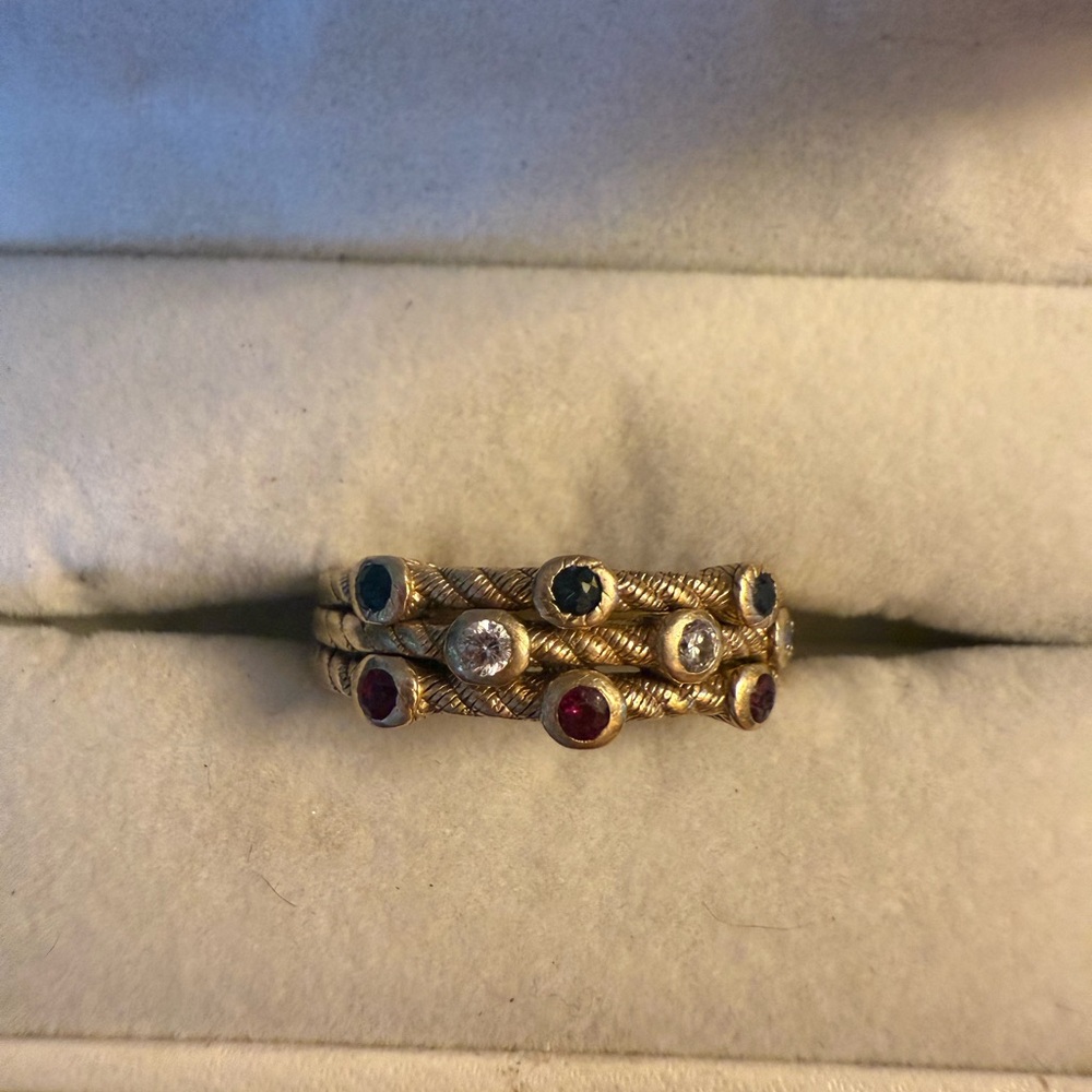 Judith Ripka solid Gold bands, genuine sapphire, ruby & diamond ring